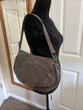 Vince Camuto Taupe Shoulder Flap Hobo Bag with Gold-Tone Trim